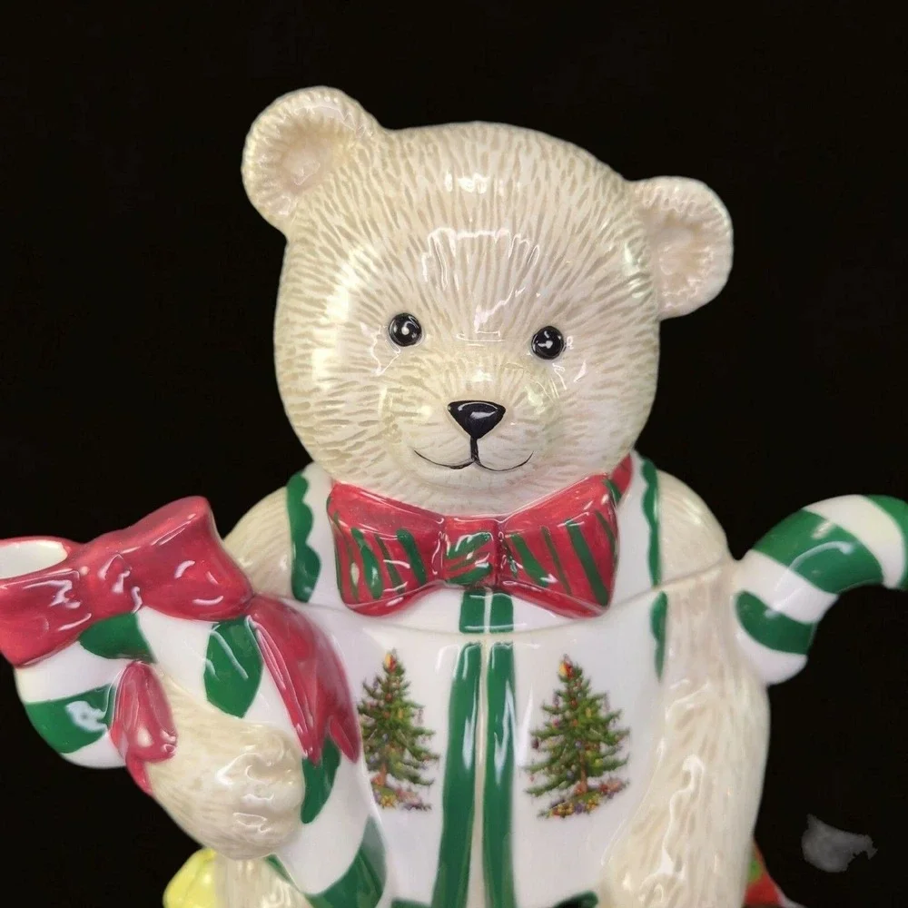 Spode Christmas Tree Green Trim Teddy Bear Tea Pot Teapot With Lid Box Holiday